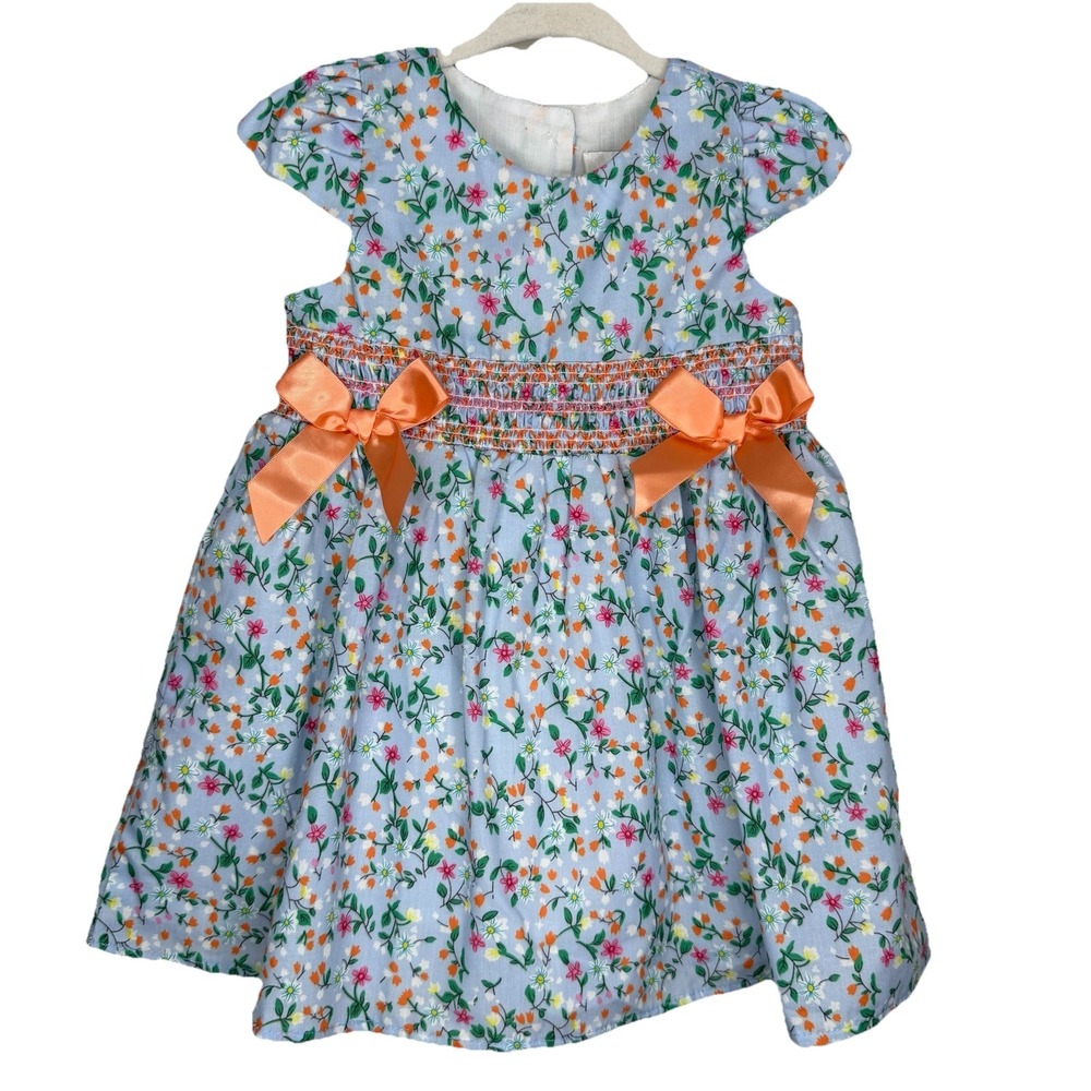 RARE EDITIONS Little‎ 12 Month Blue Print Cap Sleeve Smocked Dress